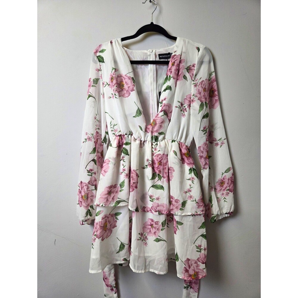 PrettyLittleThing White Pink Green Floral Chiffon V-Neck Belted Mini Dress 8